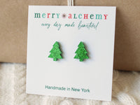 Green Glitter Christmas Tree Stud Earrings